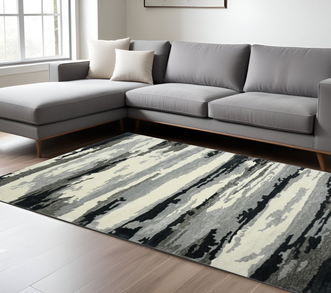 8 X 10 Dark Gray Black And Ivory Wool Abstract Hand Tufted Area Rug