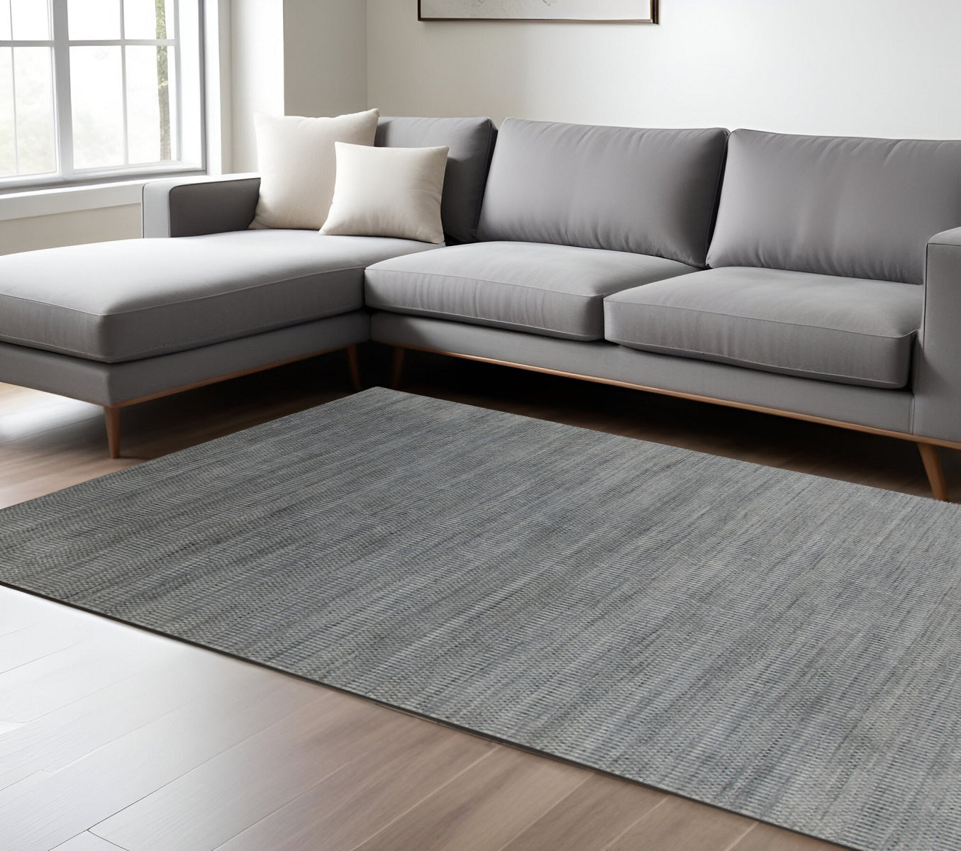 9 X 12 Silver And Blue Wool Striped Hand Woven Area Rug