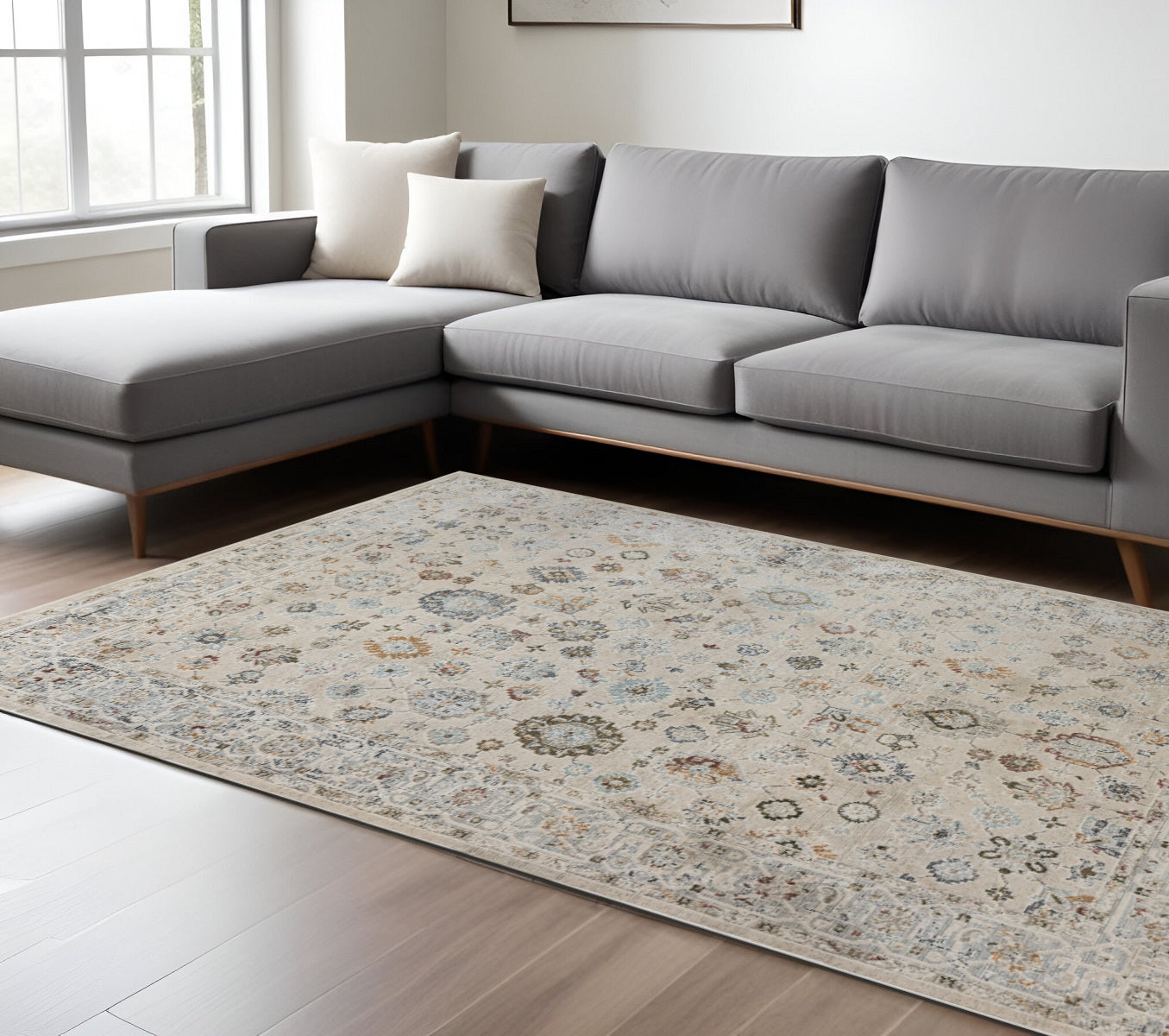 8 X 11 Ivory Blue And Gray Floral Medallion Area Rug
