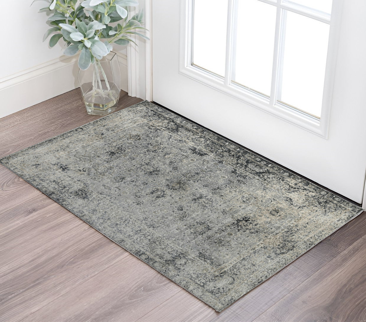 2 X 3 Gray And Black Floral Medallion Area Rug