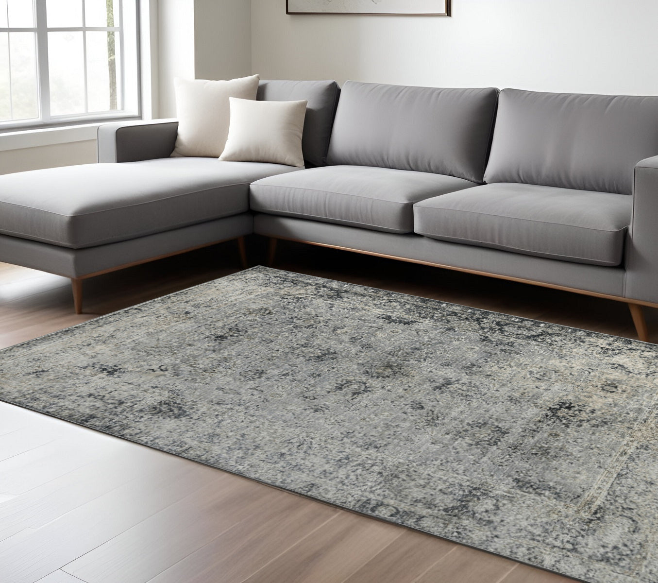 9 X 12 Gray And Black Floral Medallion Area Rug