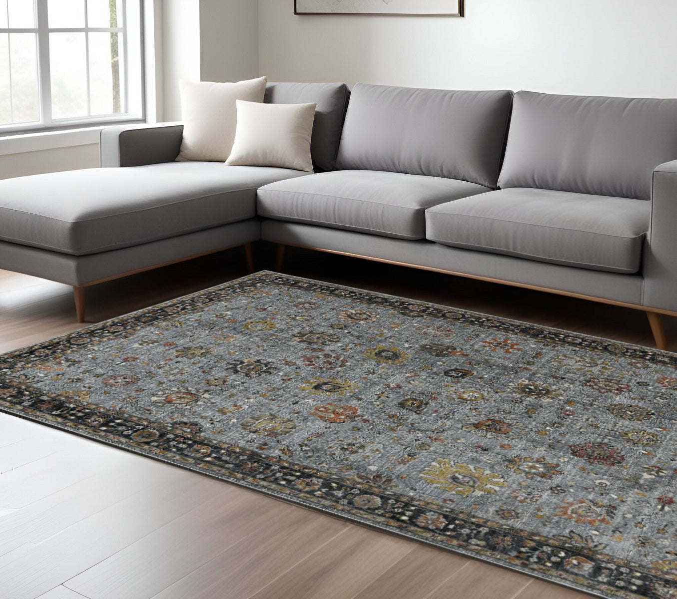 8 X 11 Black Gray And Brown Floral Medallion Area Rug