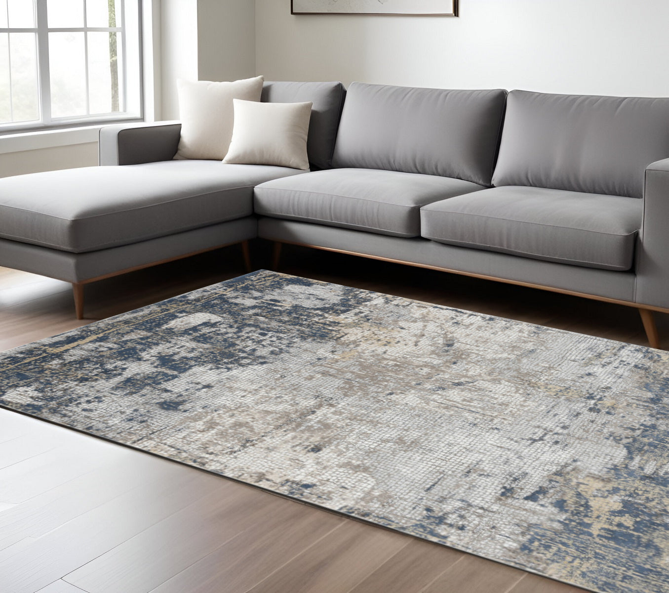 9 X 12 Beige Dark Blue And Gray Abstract Area Rug