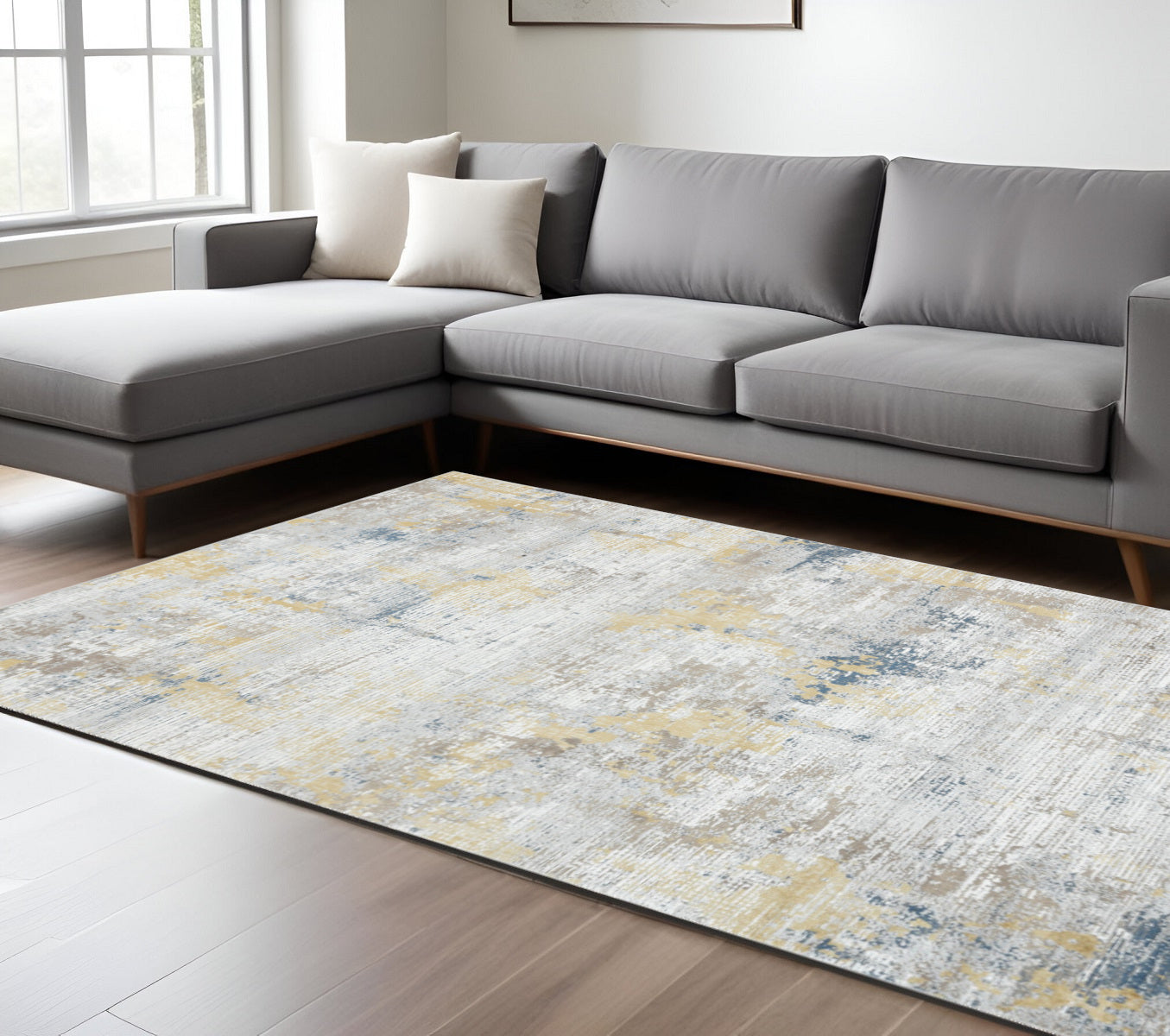 10 X 14 Gold Ivory And Blue Abstract Area Rug