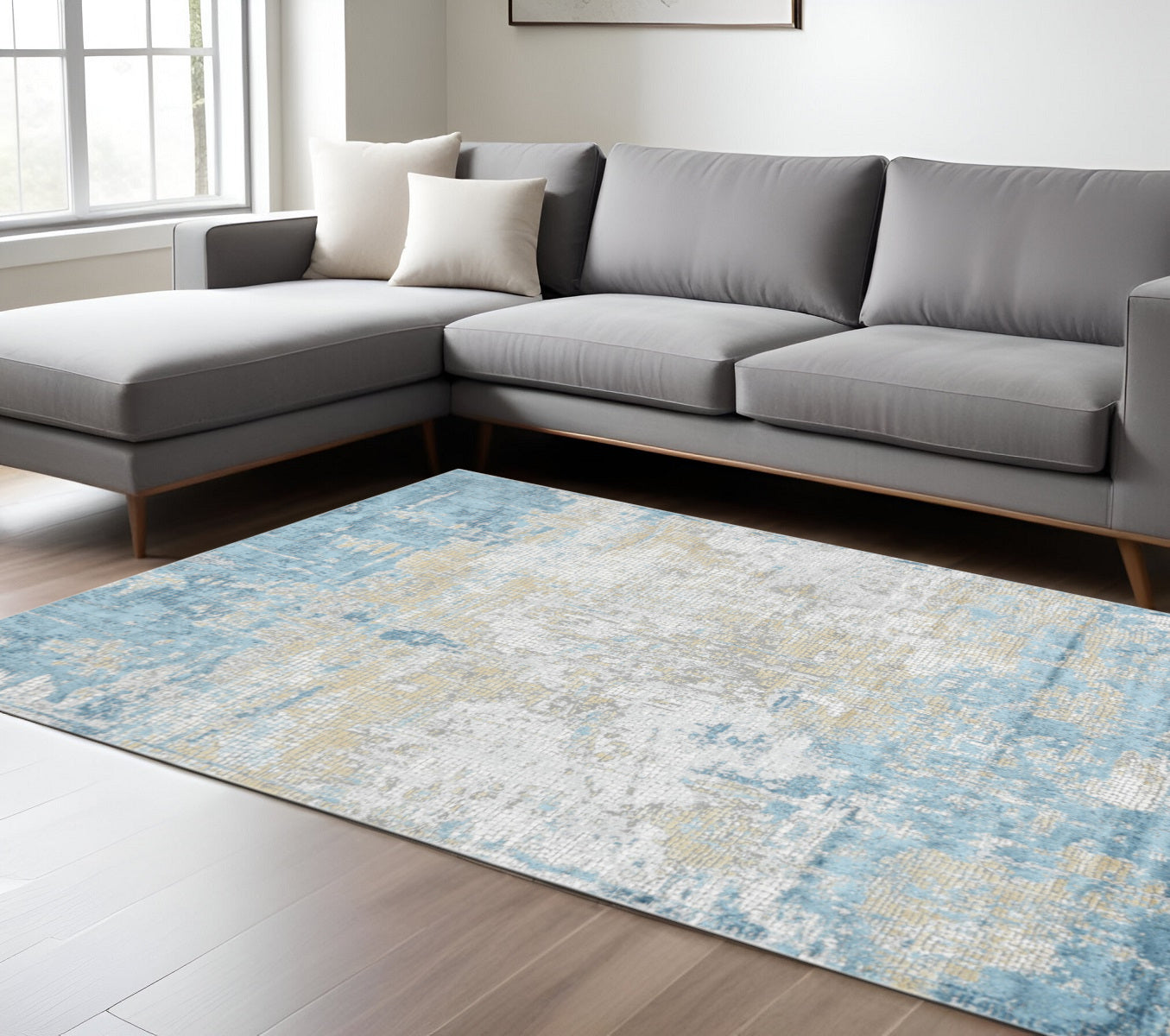 9 X 12 Gold Sky Blue And Ivory Abstract Area Rug