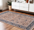 4 X 5 Teal Brown And Beige Oriental Area Rug With Fringe