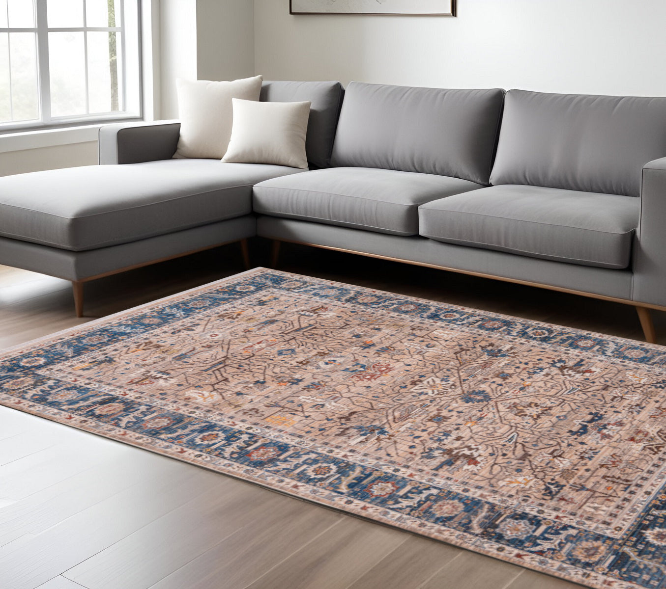 7 X 10 Teal Brown And Beige Oriental Area Rug With Fringe