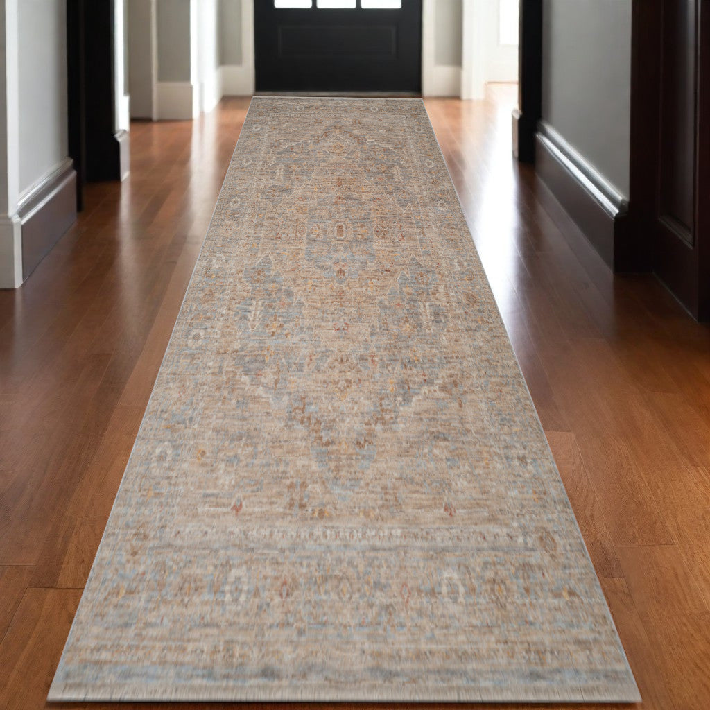 3 X 10 Blue And Sand Floral Medallion Runner Rug With Fringe