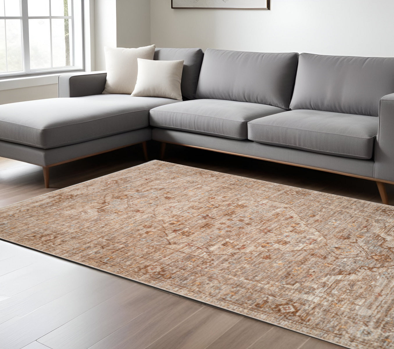 9 X 12 Beige And Brown Floral Medallion Area Rug With Fringe