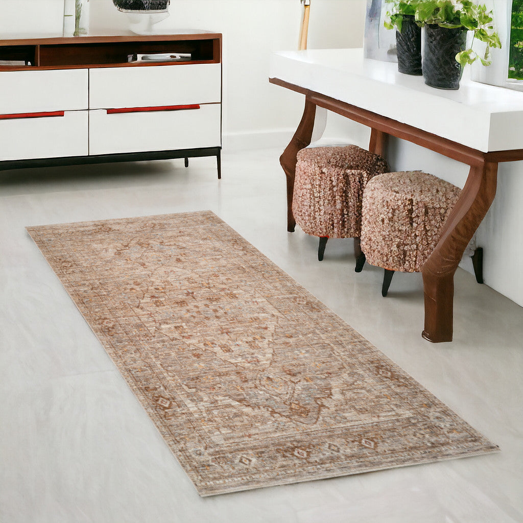 3 X 6 Beige And Brown Floral Medallion Runner Rug With Fringe