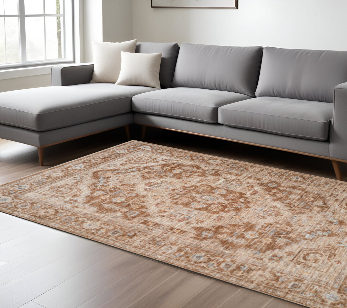 8 X 10 Sand And Brown Floral Medallion Area Rug With Fringe