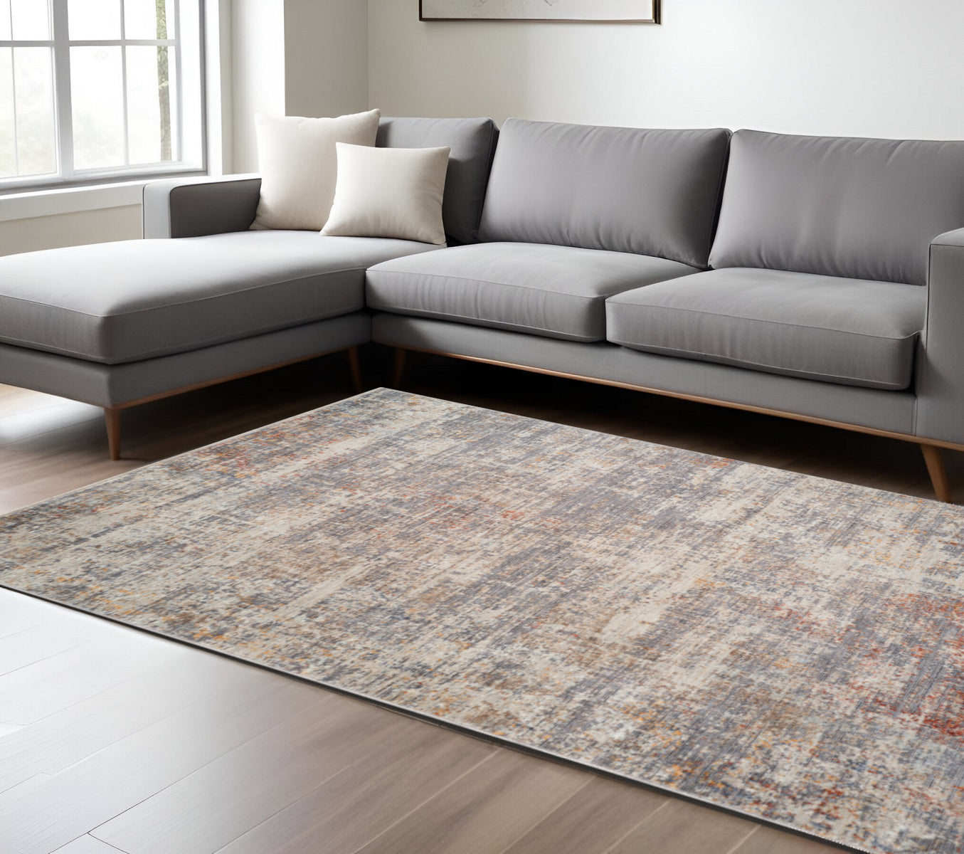 8 X 10 Gray Ivory And Brick Red Abstract Area Rug With Fringe