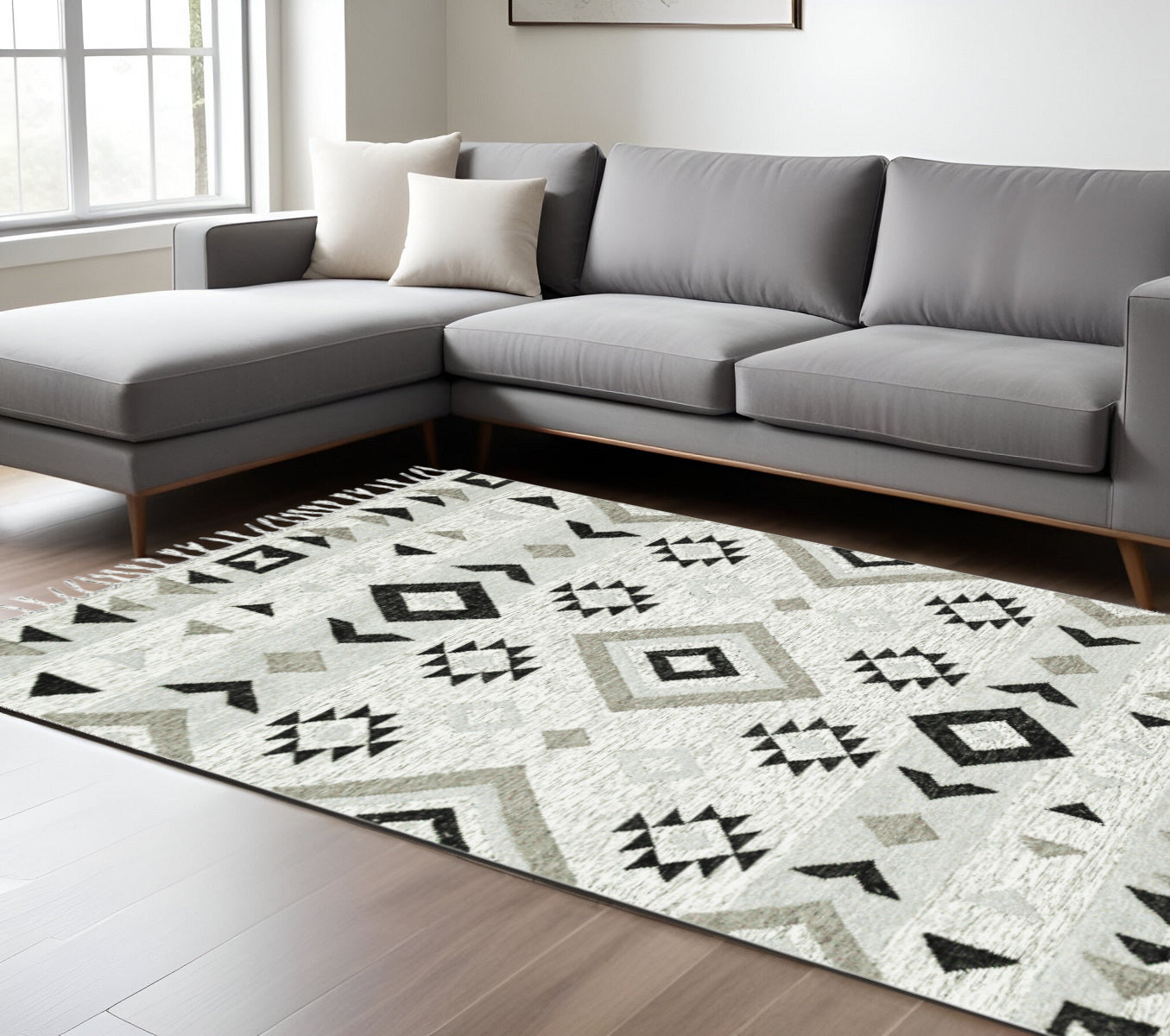 8 X 10 Black Gray And Silver Wool Geometric Handmade Area Rug With Fringe