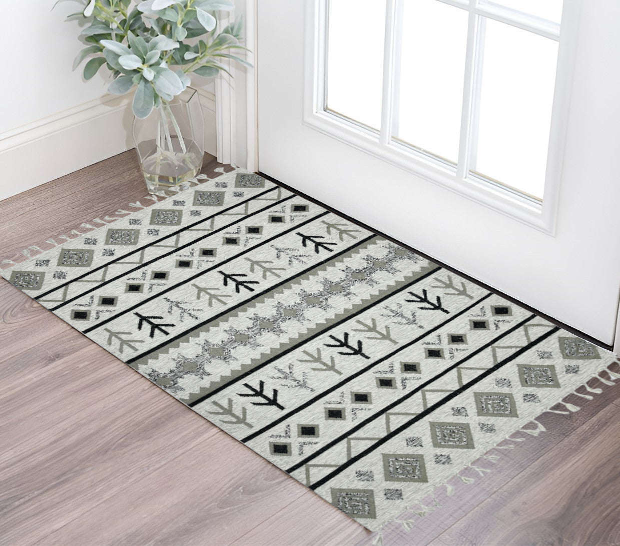 3 X 5 Black Gray And Ivory Wool Abstract Geometric Handmade Area Rug With Fringe