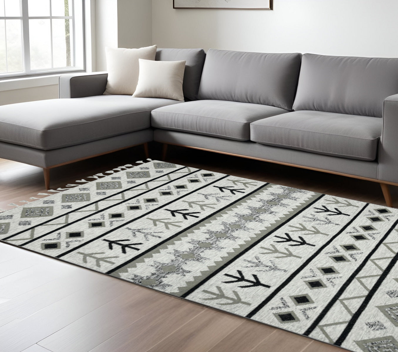 8 X 10 Black Gray And Ivory Wool Abstract Geometric Handmade Area Rug With Fringe