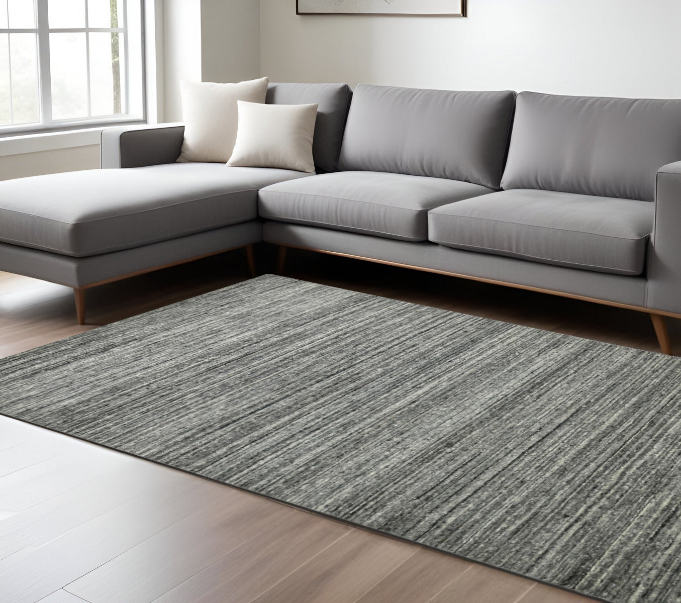 9 X 12 Dark Gray And Ivory Wool Striped Hand Woven Area Rug