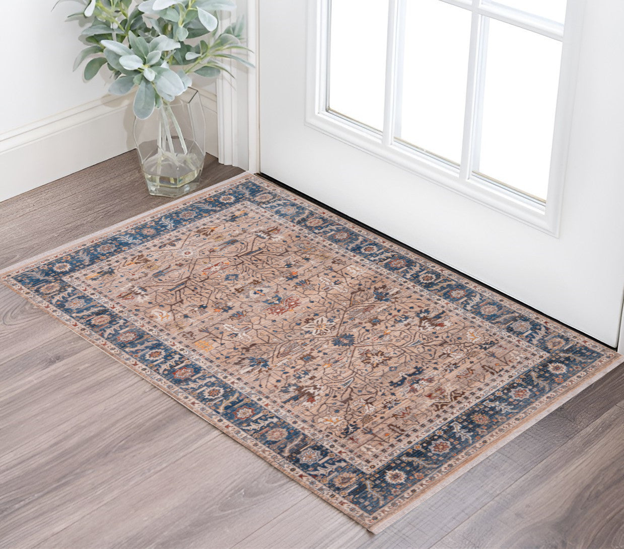 2 X 3 Teal Brown And Beige Oriental Area Rug