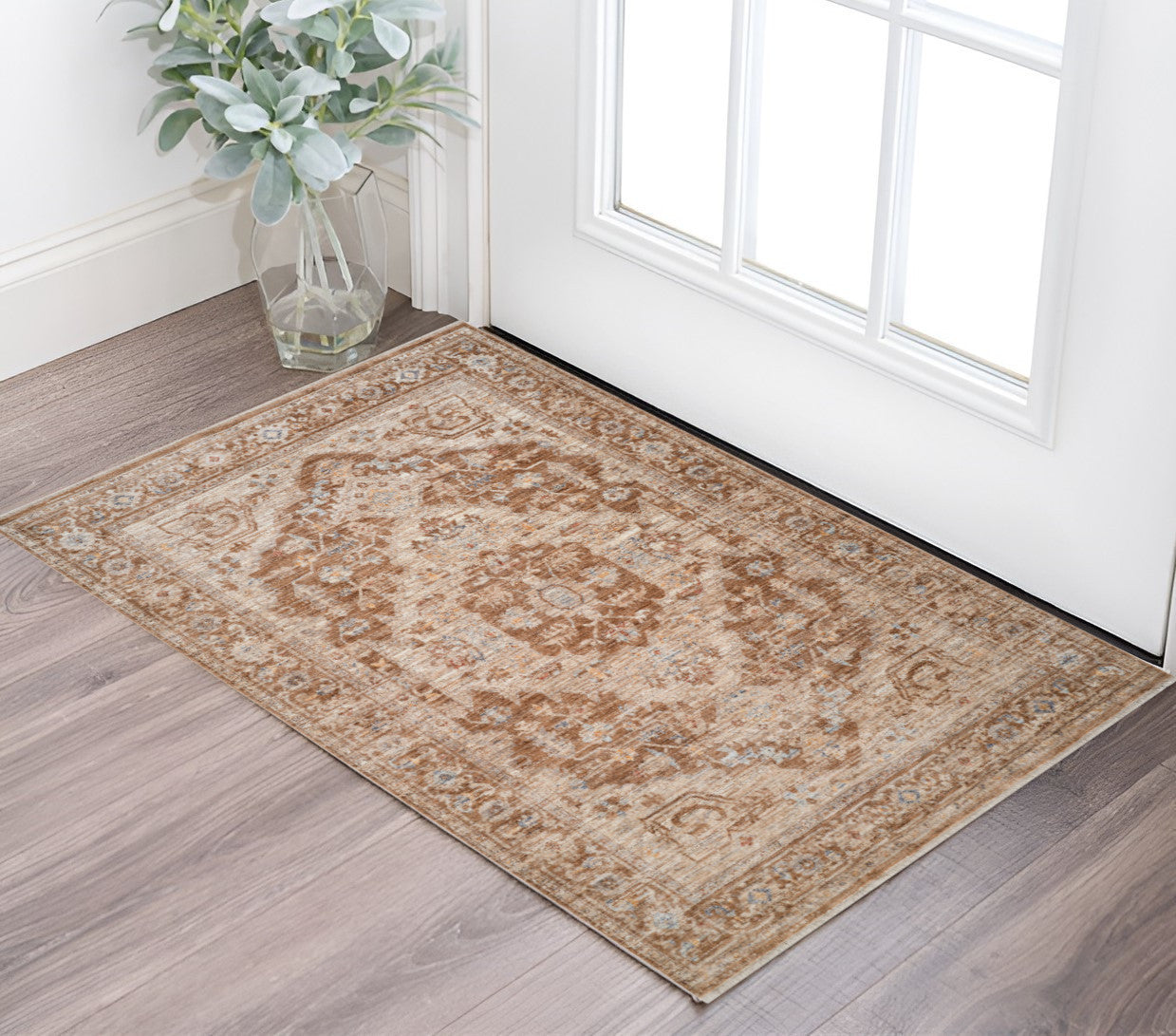 2 X 3 Sand And Brown Floral Medallion Area Rug With Fringe