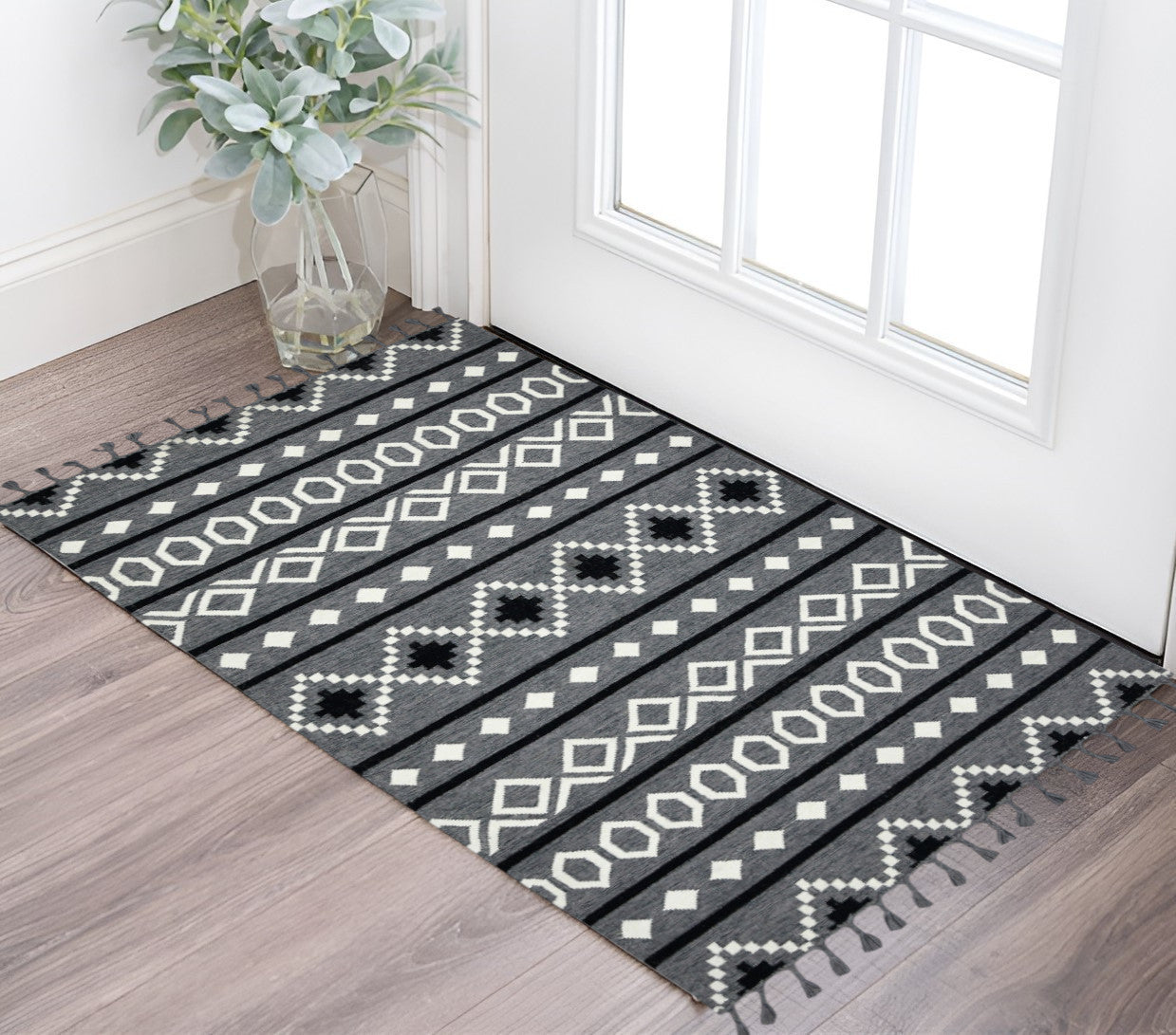 2 X 3 Black Gray And White Wool Geometric Handmade Area Rug With Fringe
