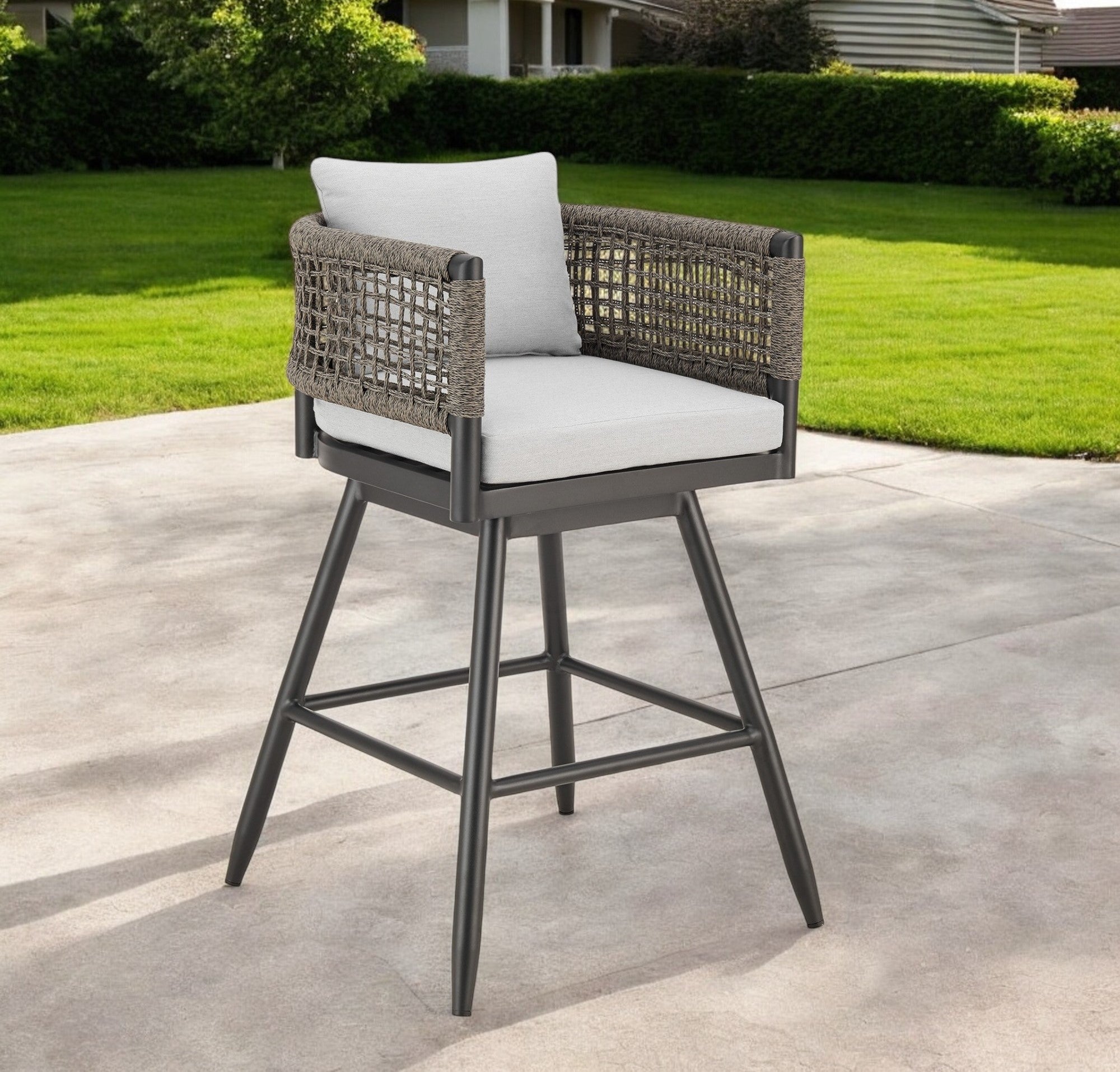 30'' Black and Light Gray Aluminum Swivel Rope Back Outdoor Bar Height Chair with Footrest