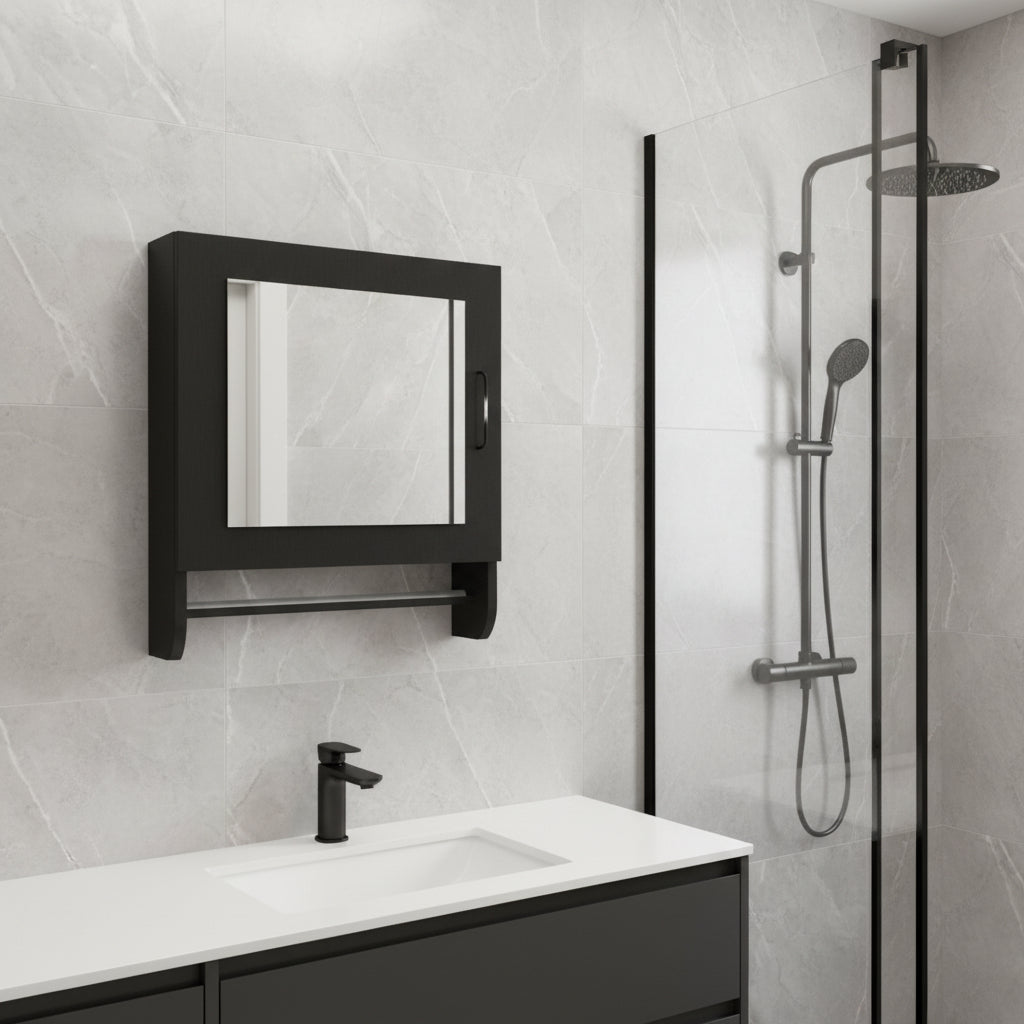 18 Black Wood, Metal Floating Bathroom Vanity And Medicine Cabinet With Mirror