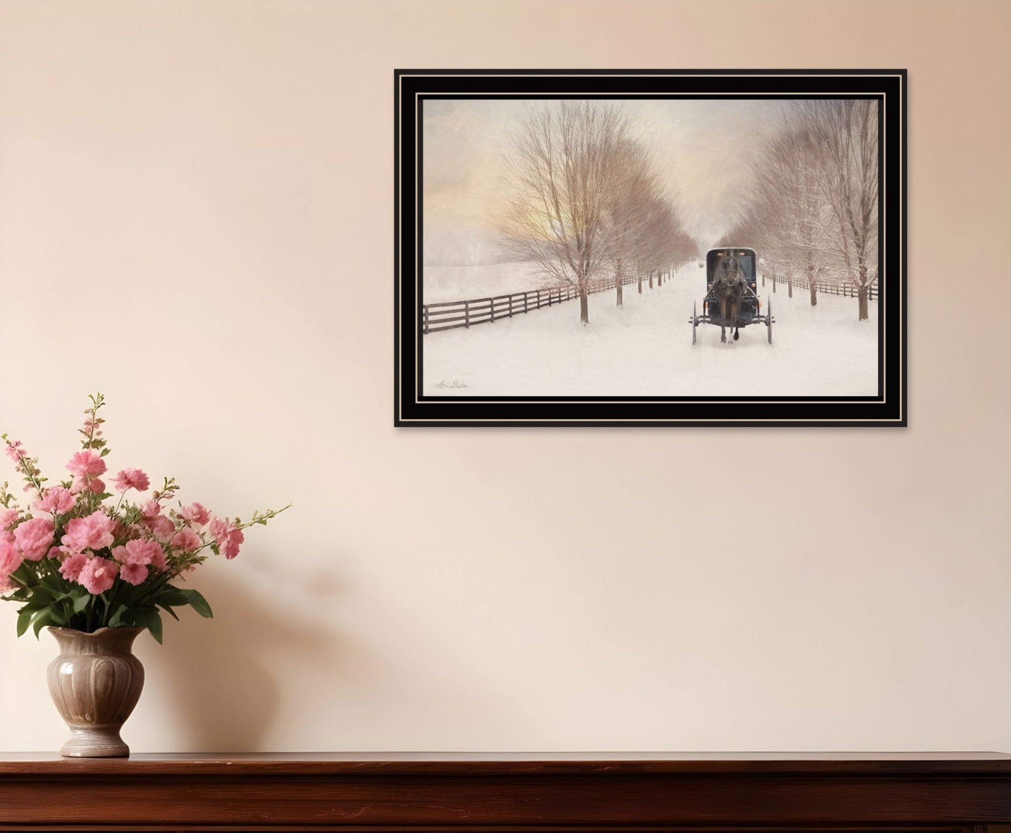 Snowy Amish Lane Black Framed Wall Art