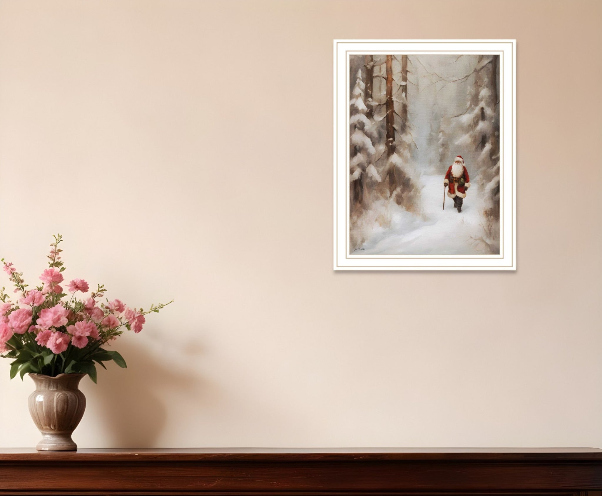Santa's Winter Stroll White Framed Wall Art