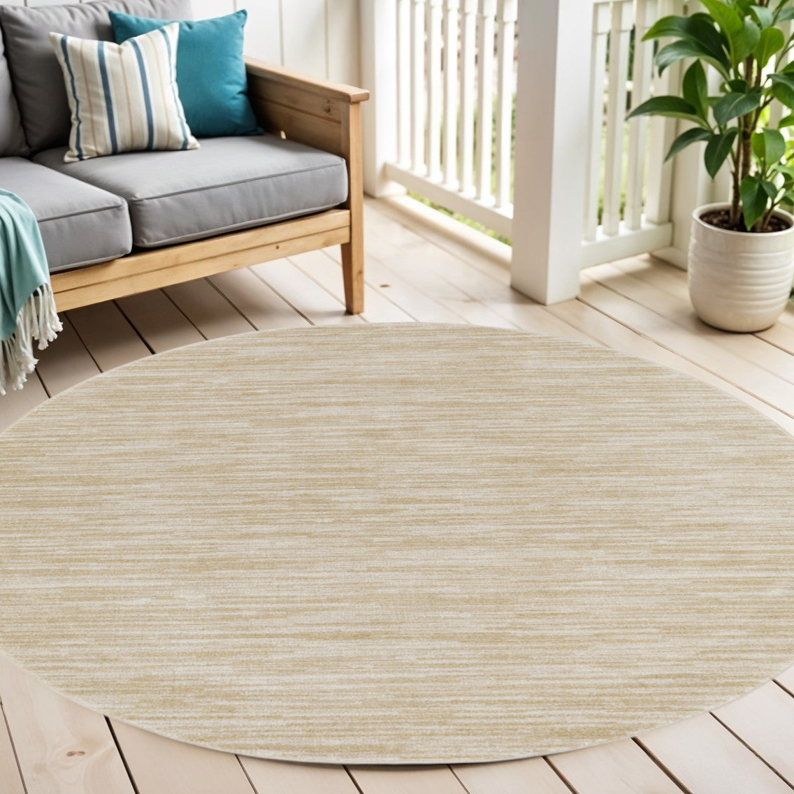 6 Ivory And Gold Round Abstract Indoor Outdoor Area Rug