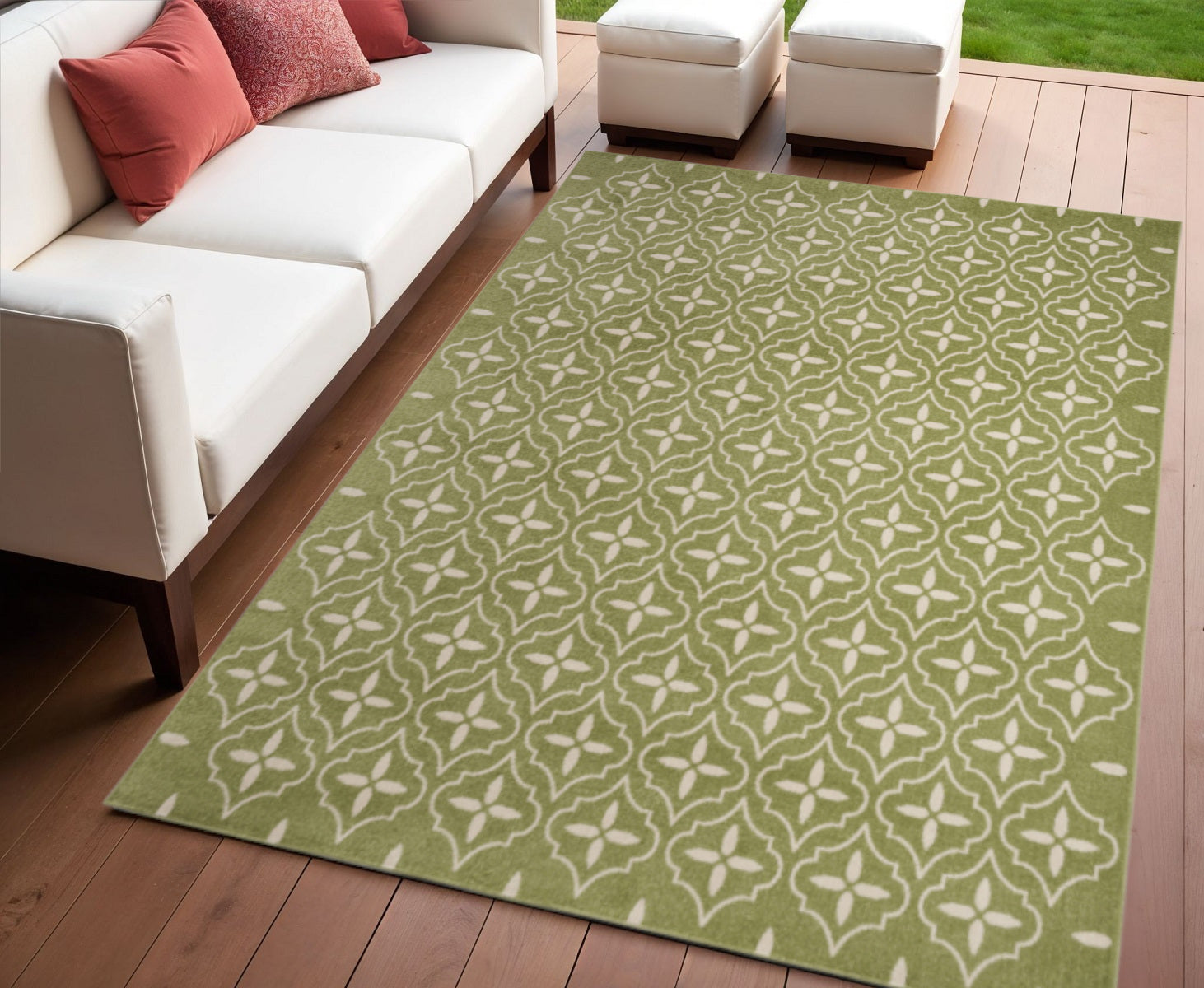 4 X 6 Green And Ivory Geometric Indoor Outdoor Area Rug