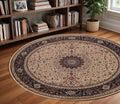 8' Ivory And Black Oriental Round Rug