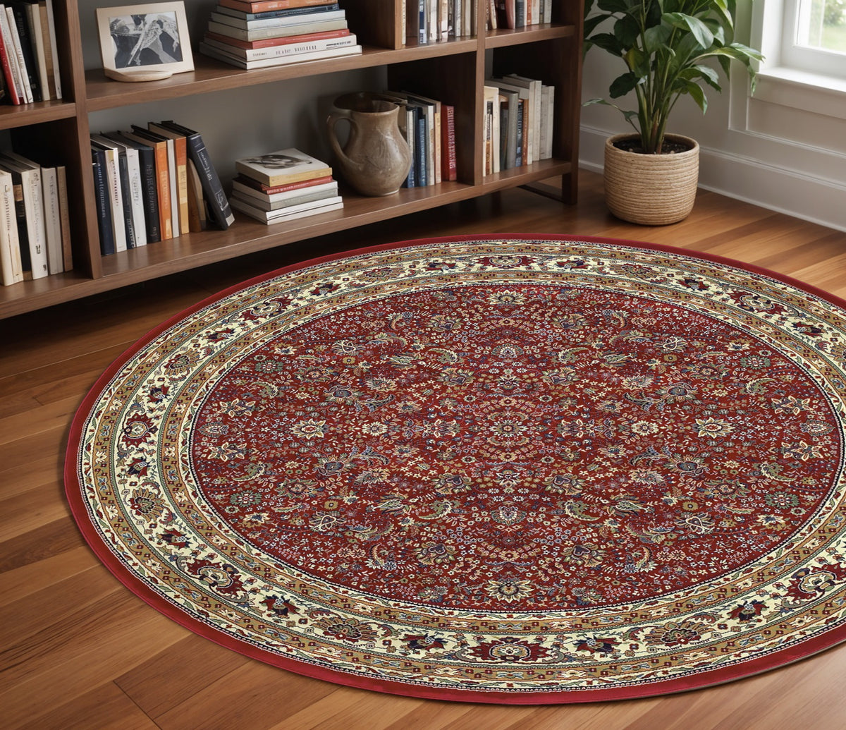 8' Red And Ivory Oriental Round Rug