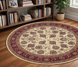 8' Ivory And Red Oriental Round Rug