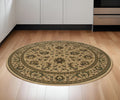 6' Ivory And Green Oriental Round Rug