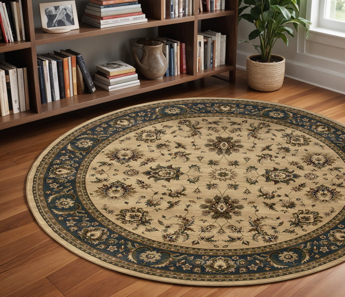 8' Ivory And Blue Oriental Round Rug