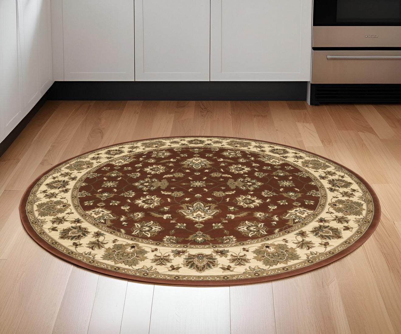 6' Red and Ivory Floral Round Rug