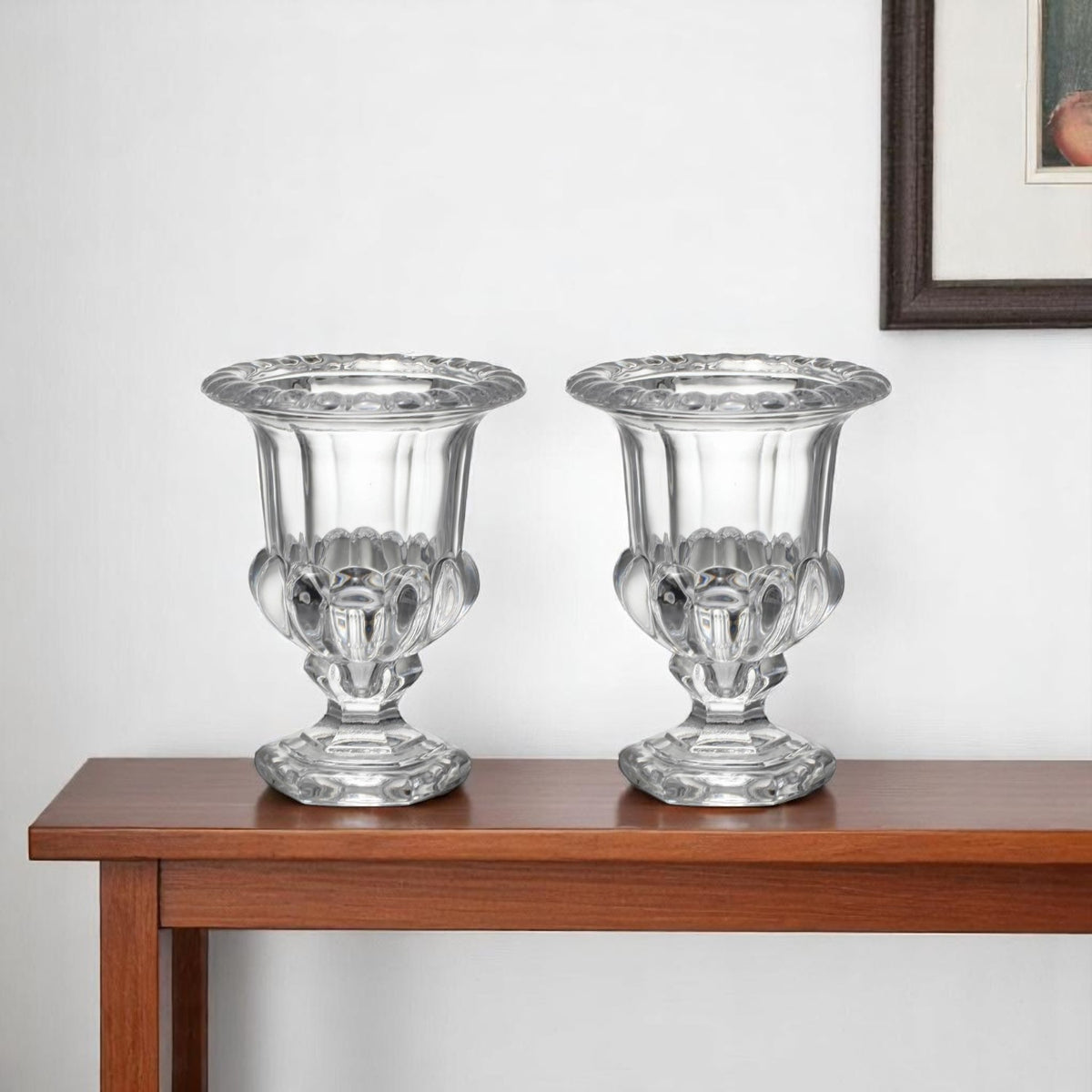 Set of Two Clear Glass Urn Table Vases