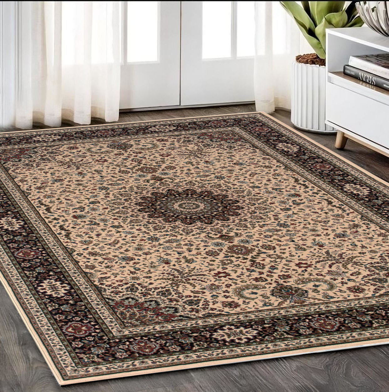 5' X 8' Ivory And Black Oriental Area Rug
