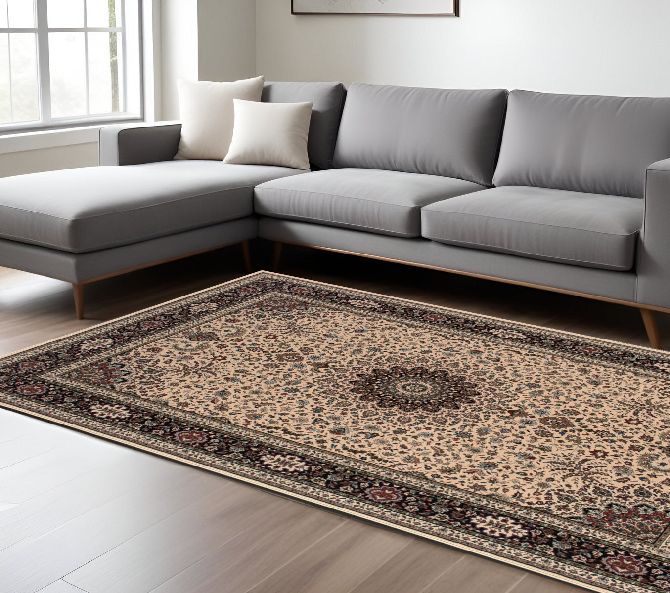 7' X 10' Ivory And Black Oriental Area Rug
