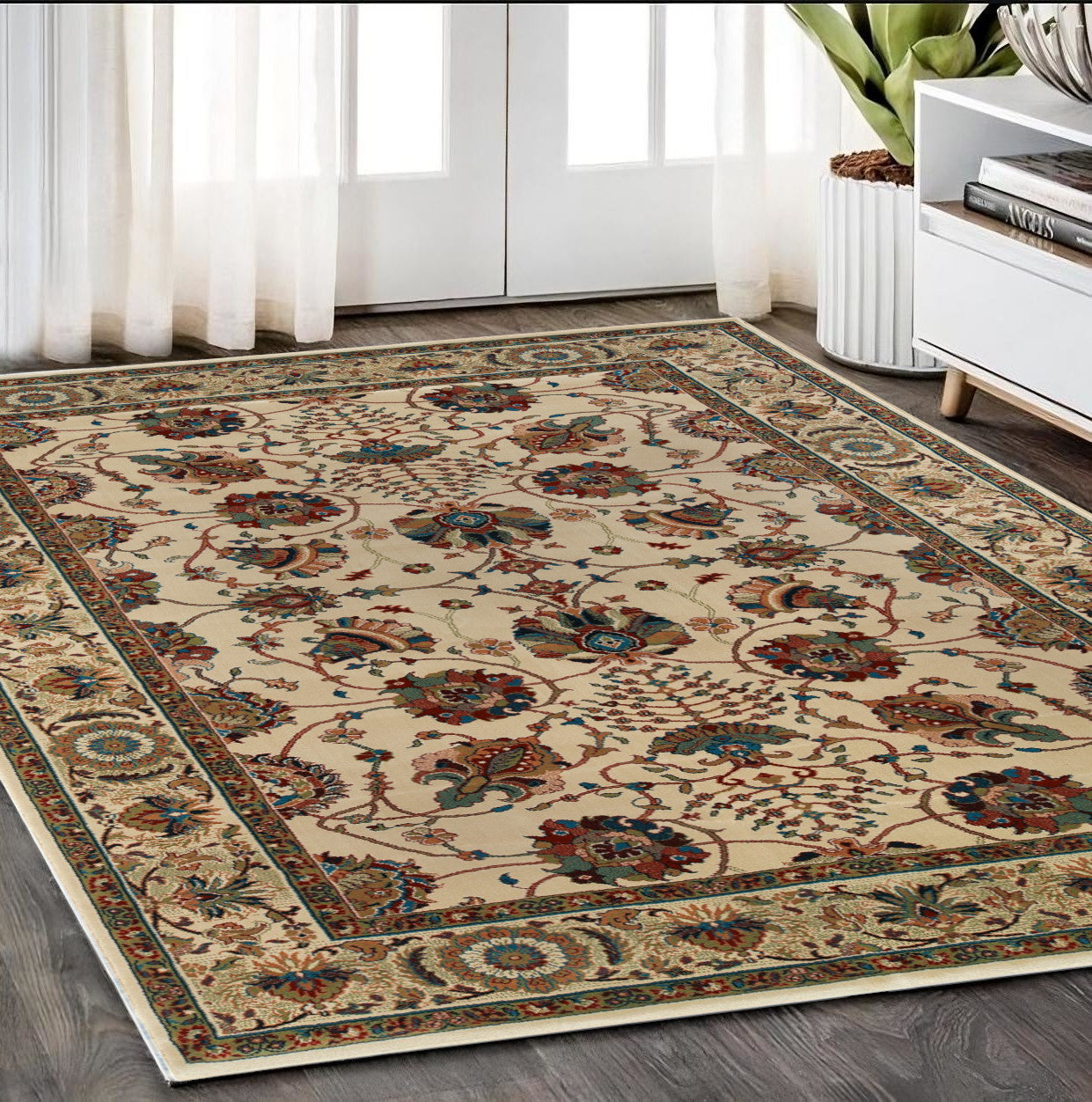 5' X 8' Ivory And Red Floral Area Rug