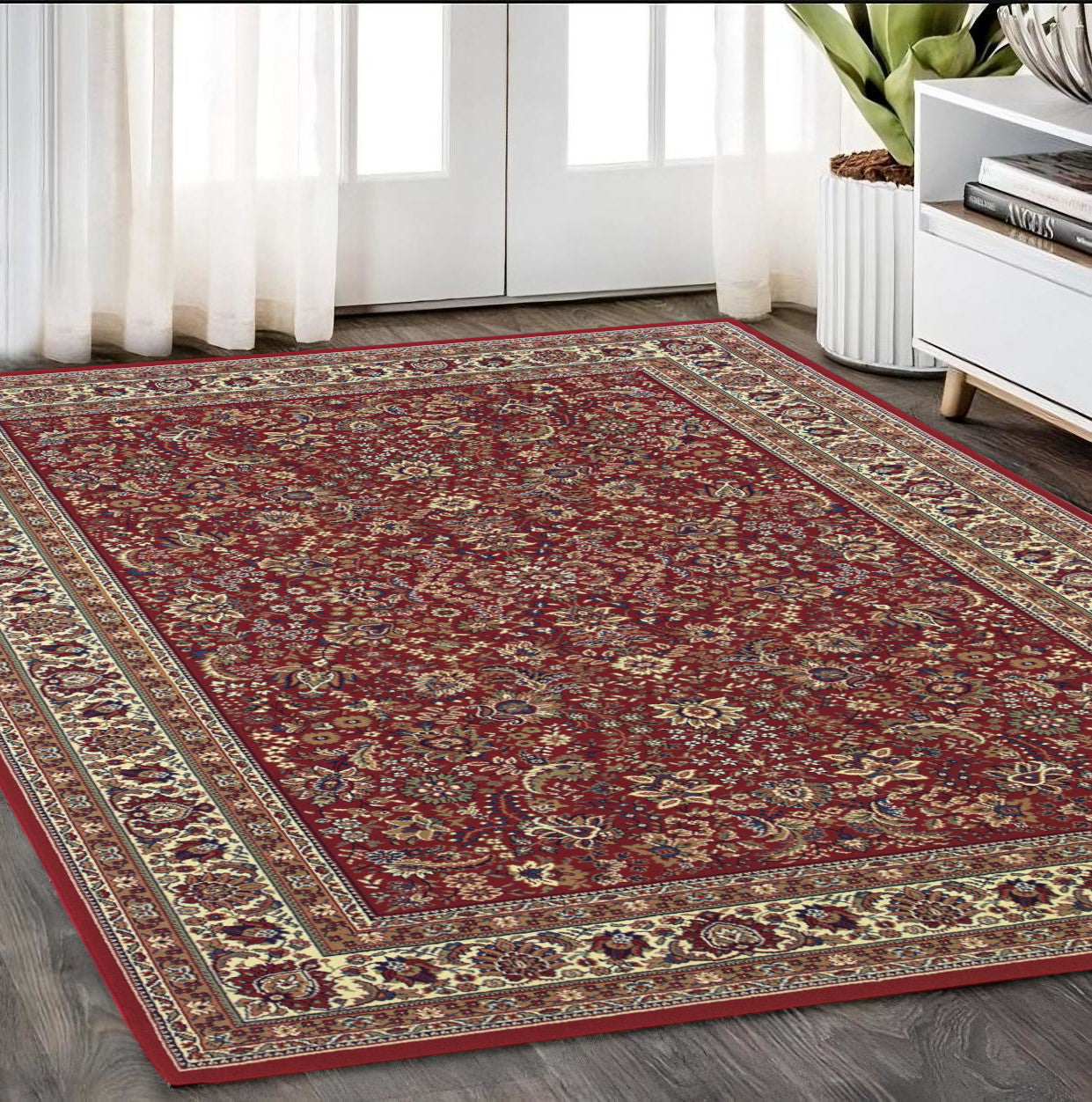 5' X 8' Red And Ivory Oriental Area Rug