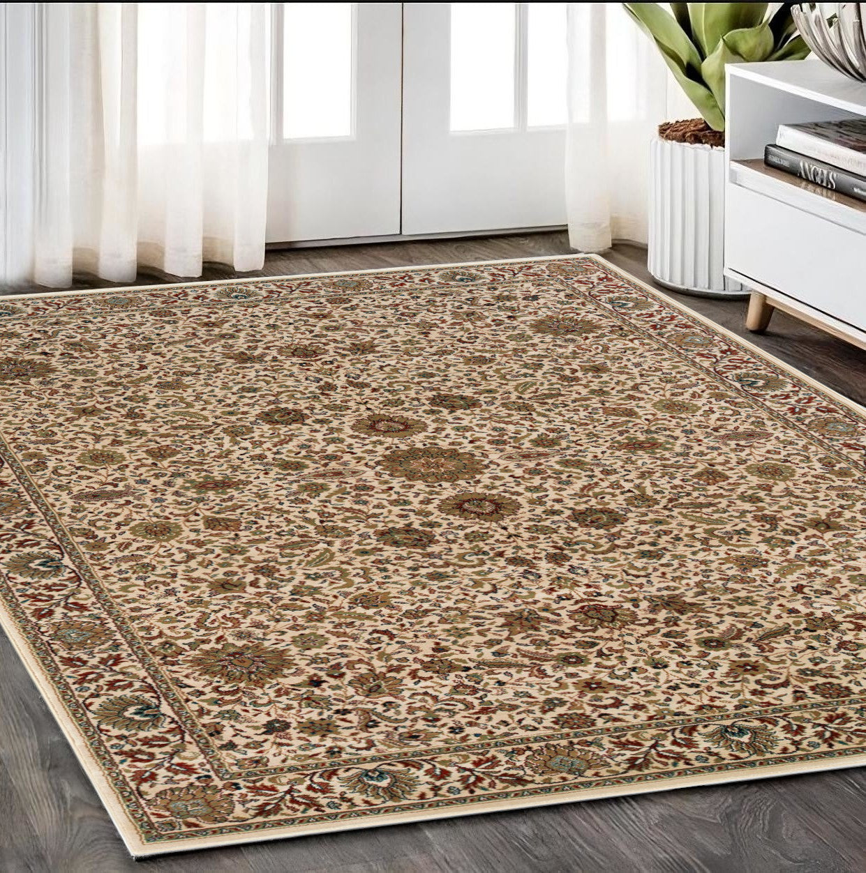5' X 8' Ivory And Green Oriental Area Rug