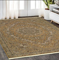 5' X 8' Gold And Ivory Medallion Area Rug With Fringe