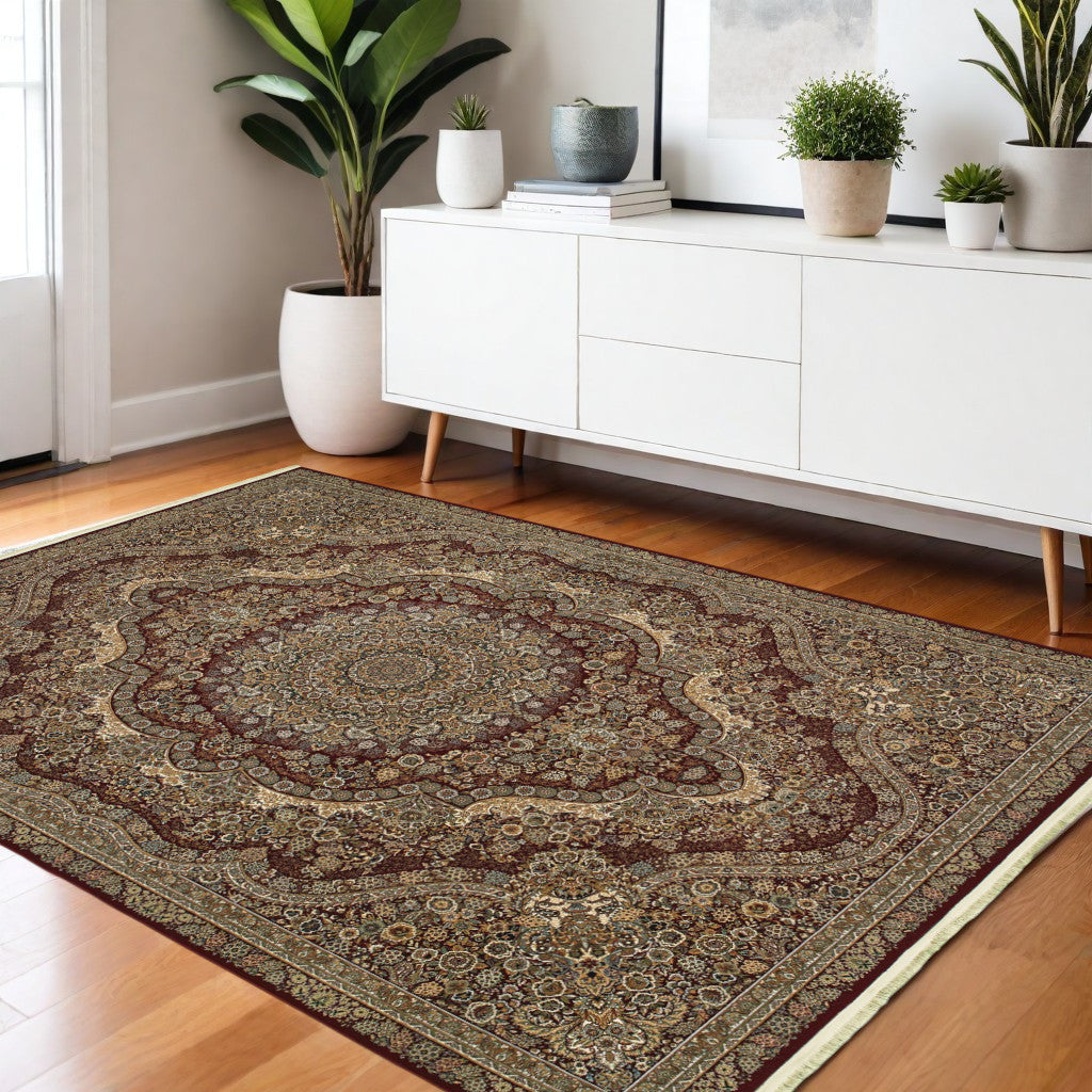 4' X 5' Red And Gold Medallion Area Rug With Fringe
