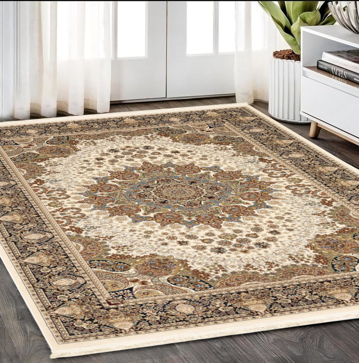 5' X 8' Ivory Black And Tan Medallion Area Rug With Fringe