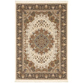 8' X 11' Ivory Black And Tan Medallion Area Rug With Fringe