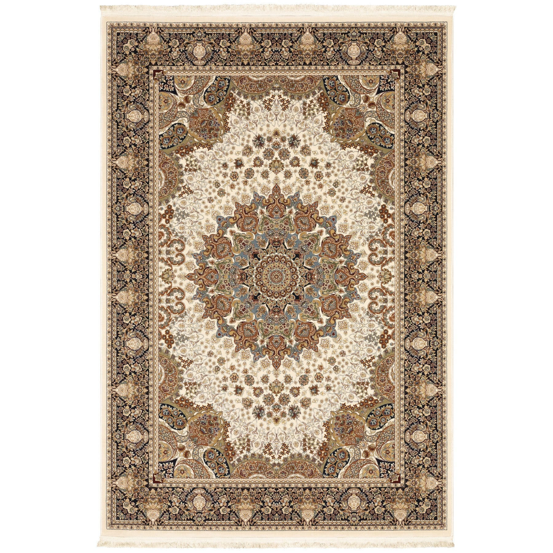 8' X 11' Ivory Black And Tan Medallion Area Rug With Fringe
