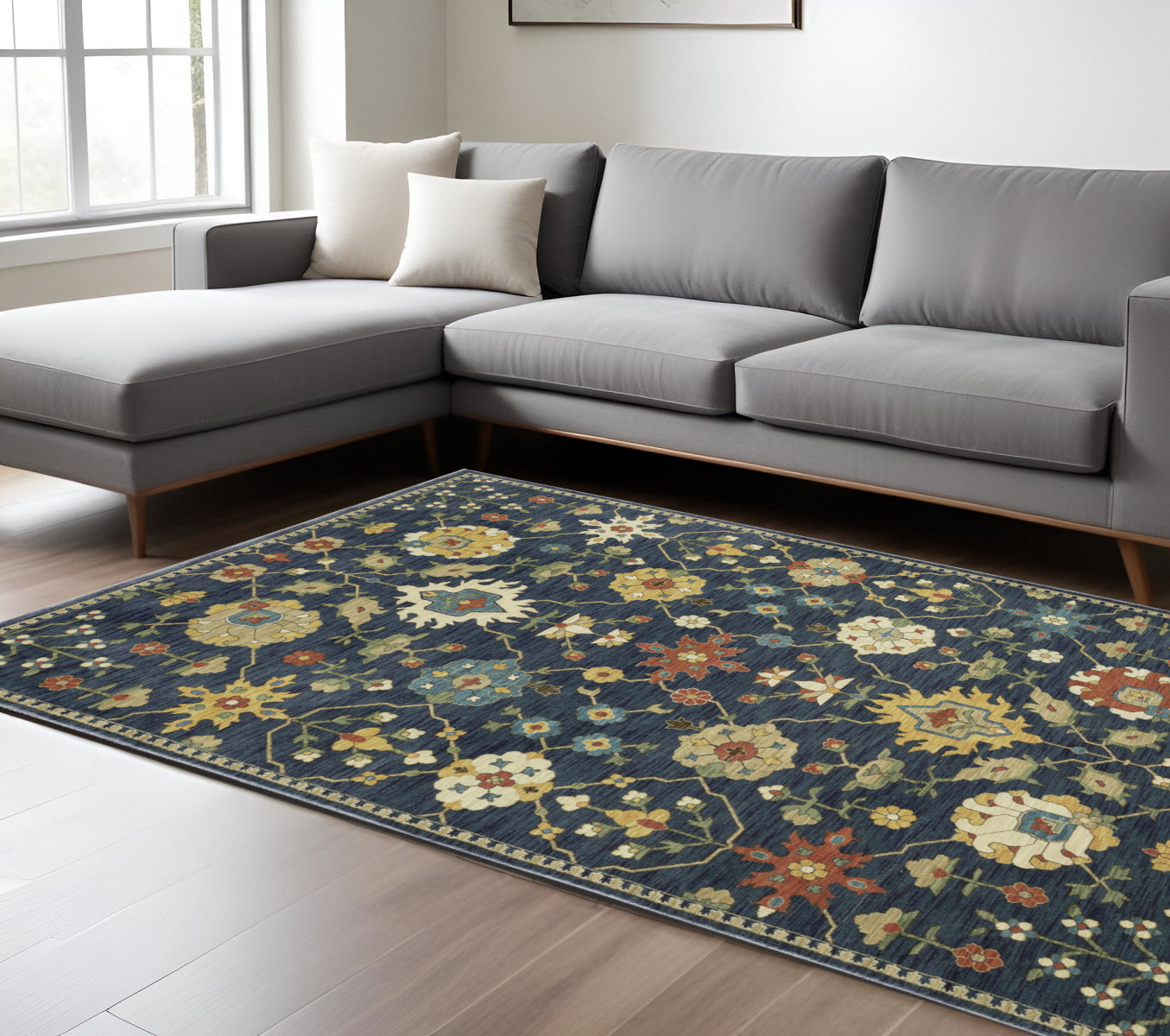 7' X 10' Blue And Gold Oriental Area Rug With Fringe