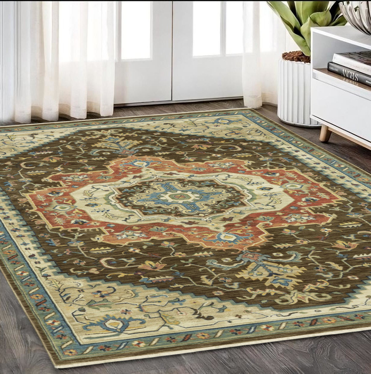5' X 8' Brown And Orange Oriental Area Rug With Fringe