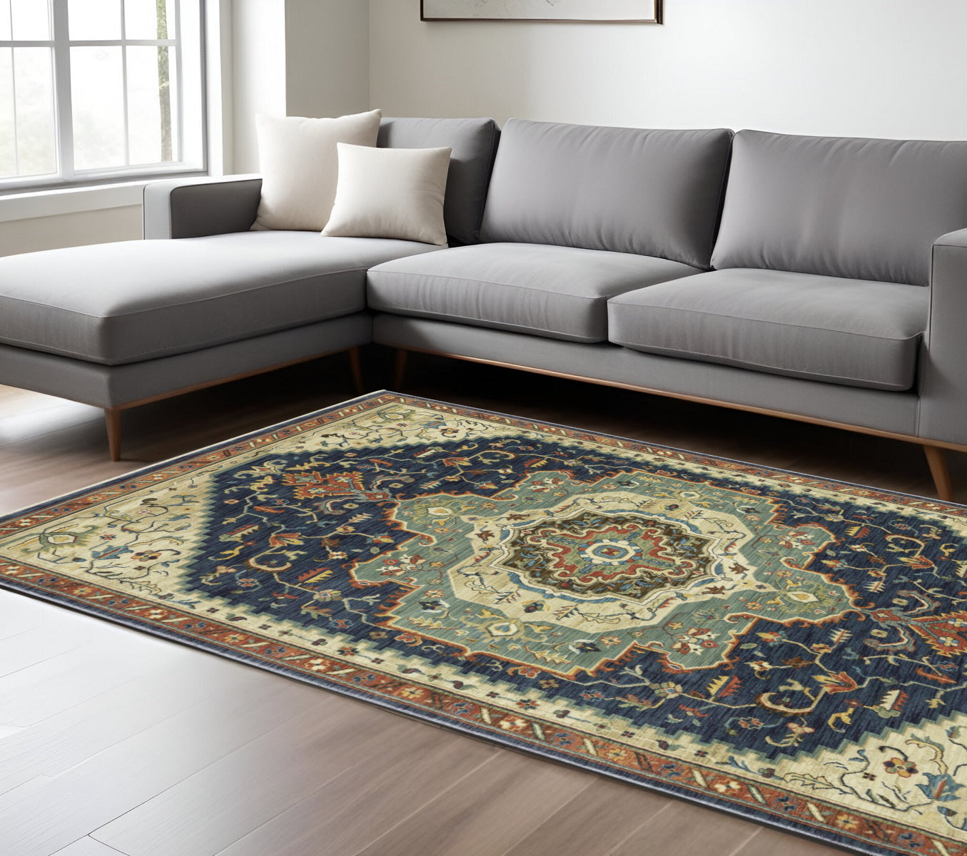 7' X 10' Blue Ivory And Orange Oriental Area Rug With Fringe