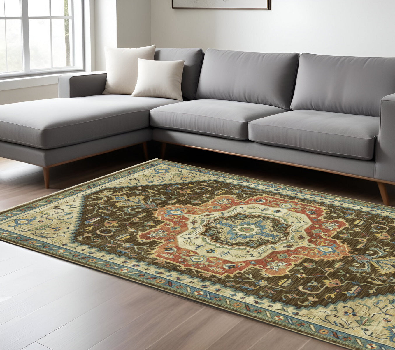 7' X 10' Brown And Orange Oriental Area Rug With Fringe